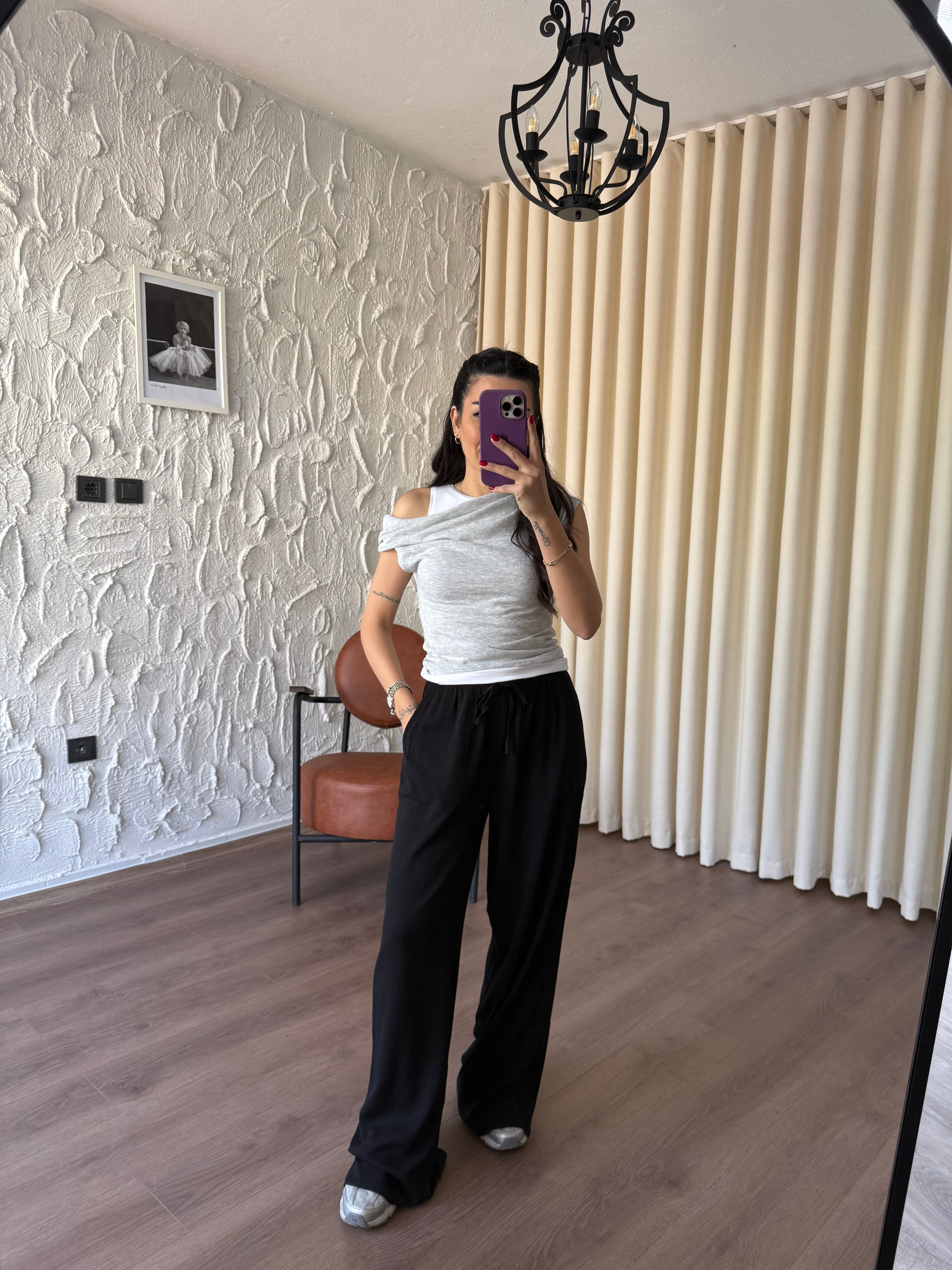 Siyah Şal Kumaş Pantolon