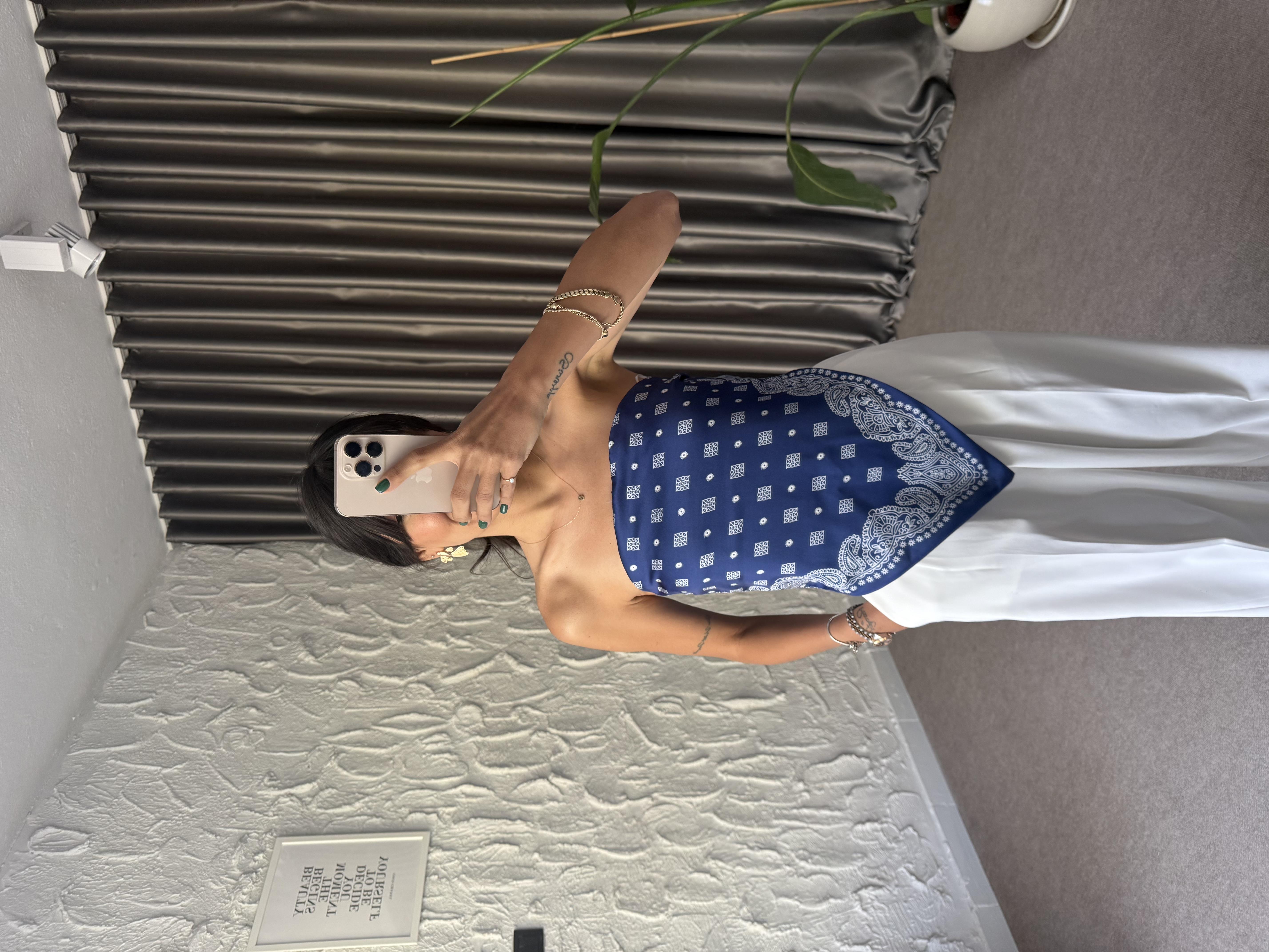 Straplez Sırt Bağlamalı Bluz - Mavi