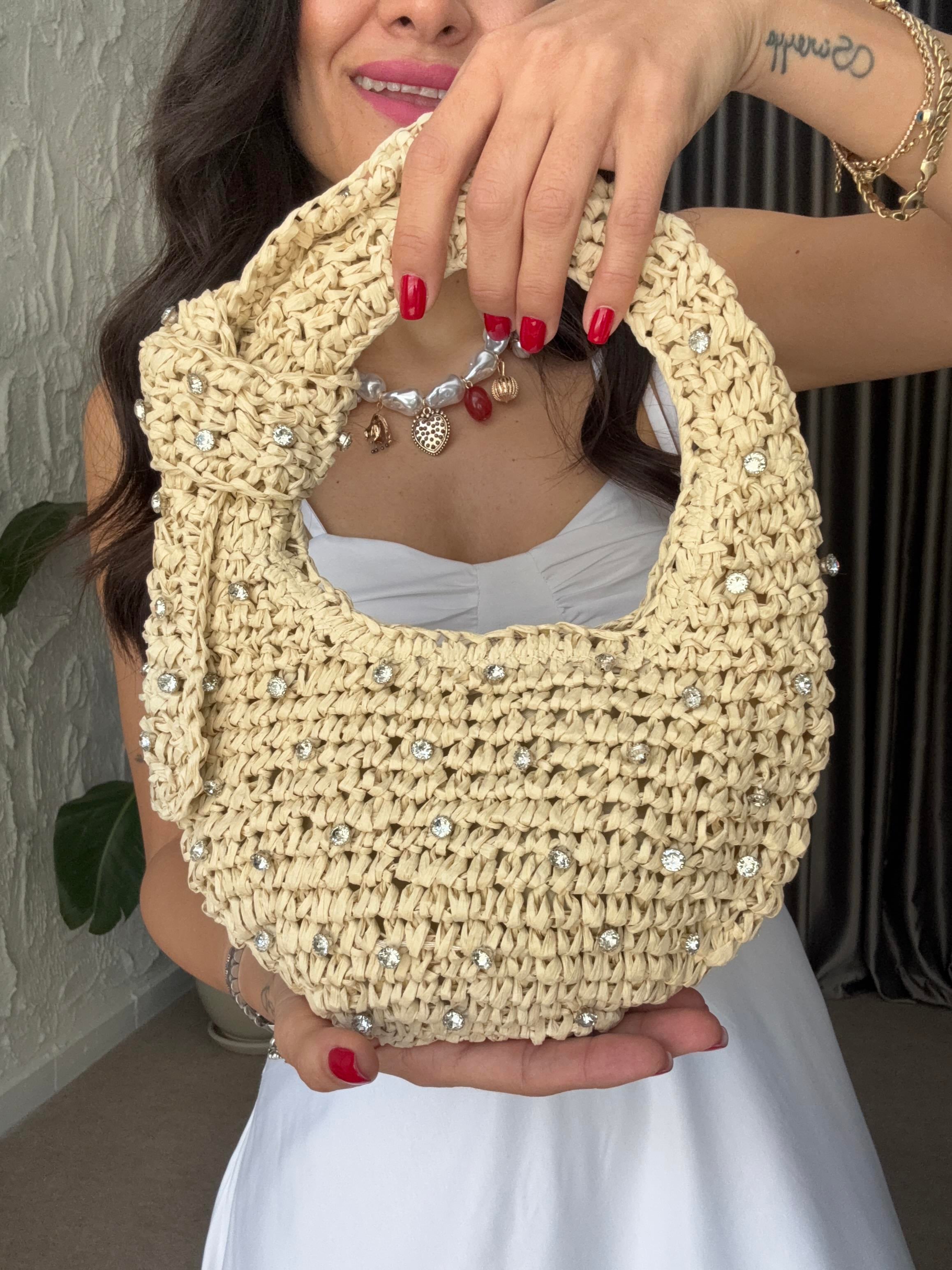 Taşlı Mini Hasır Çanta - Bej