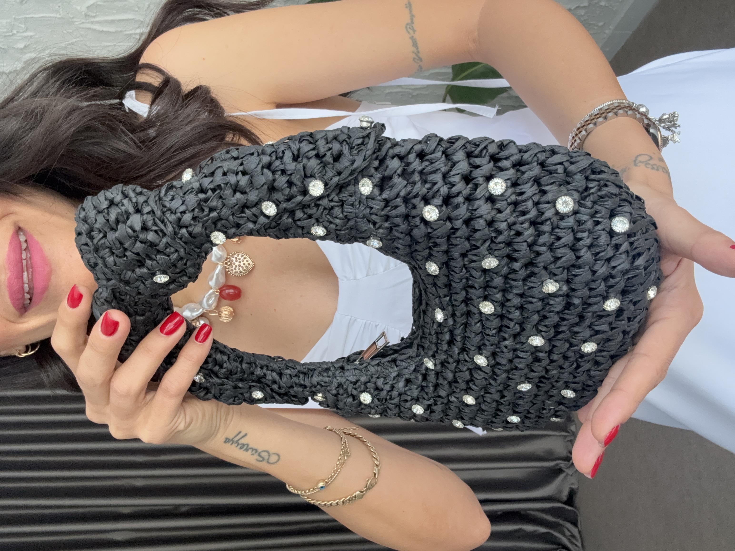 Taşlı Mini Hasır Çanta - Siyah · 2
