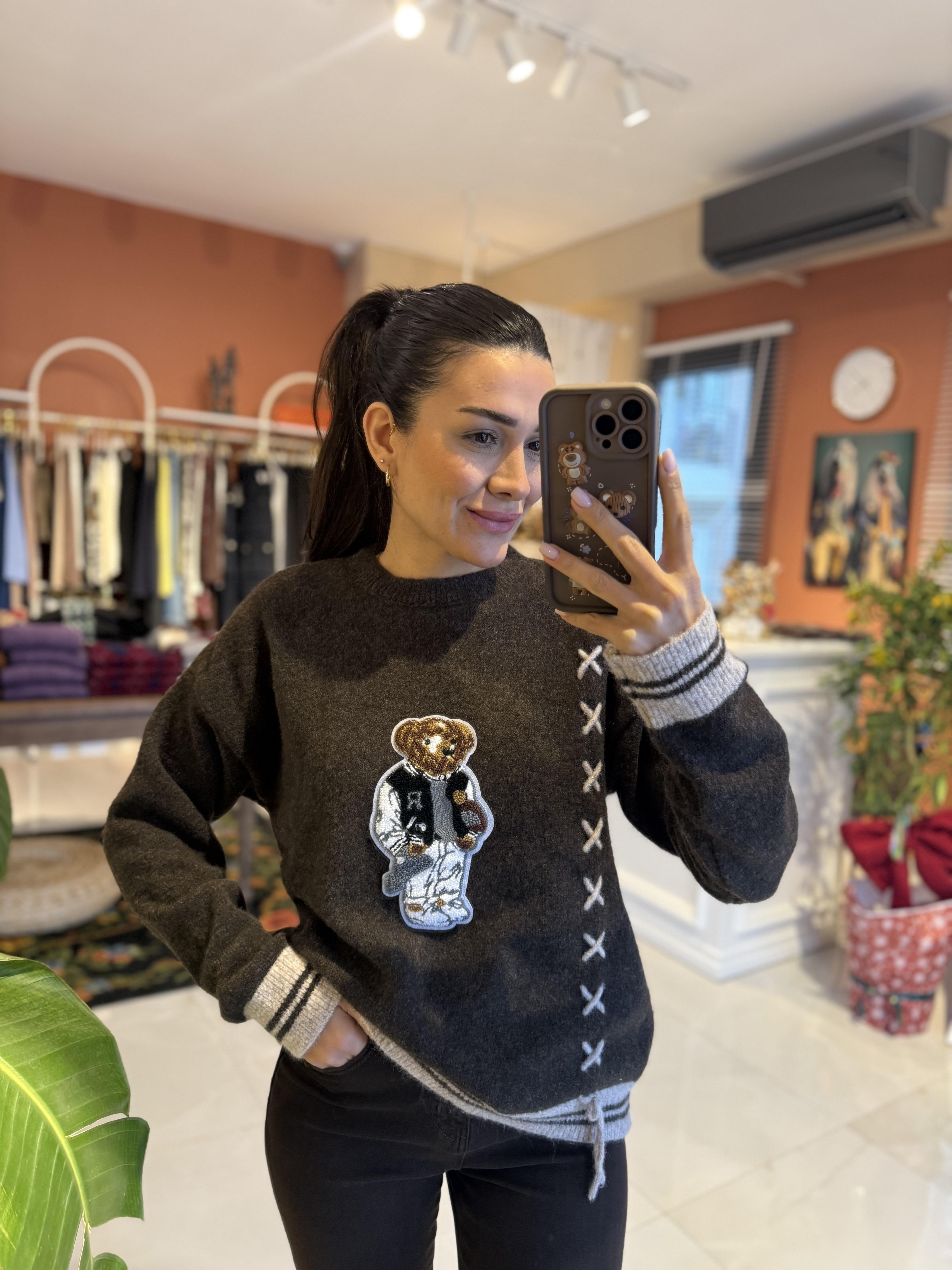 Teddy Bear Yan Bağcıklı Kahve Kazak