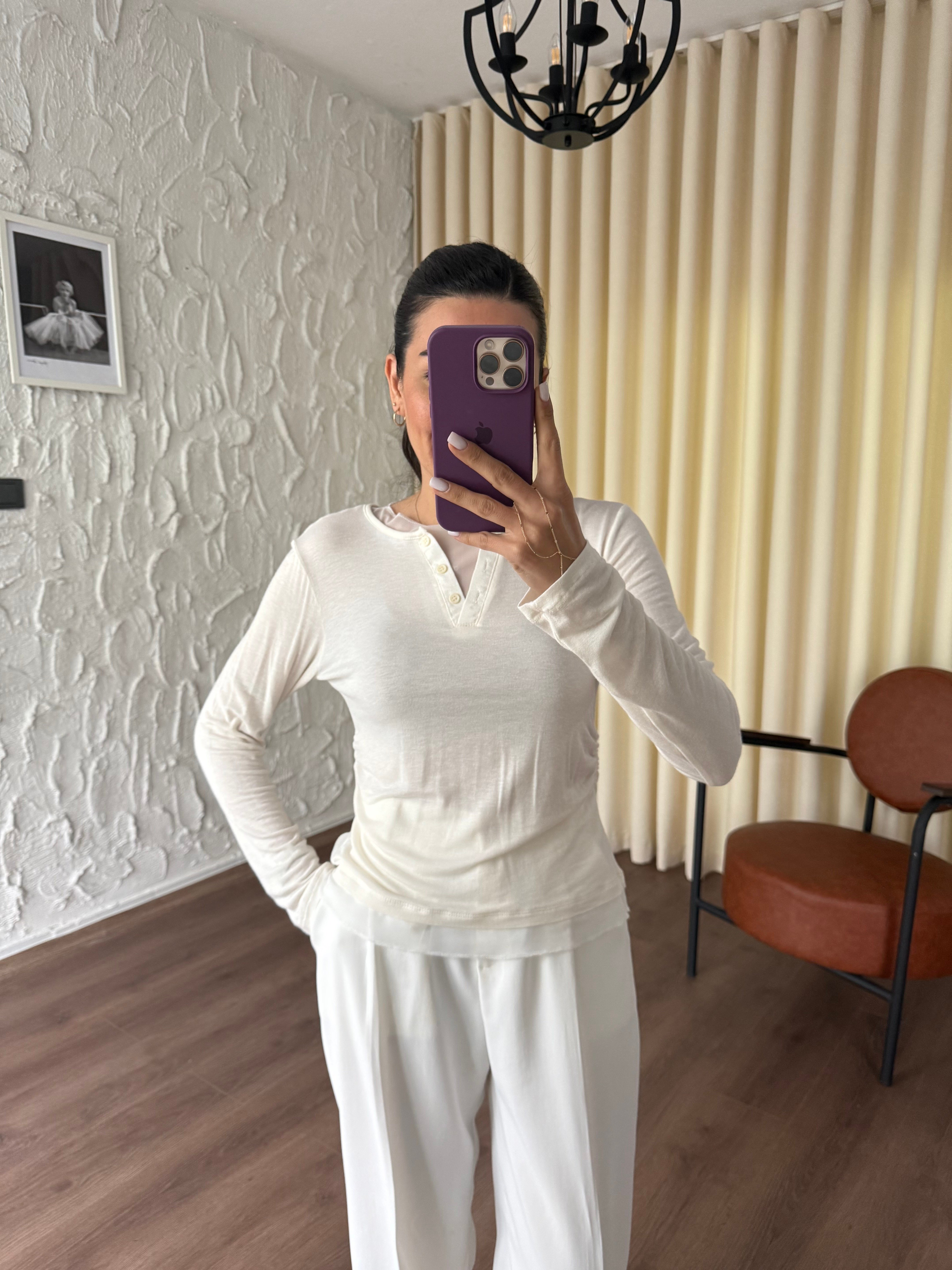 Tül Garnili Örme Krem Örme Bluz