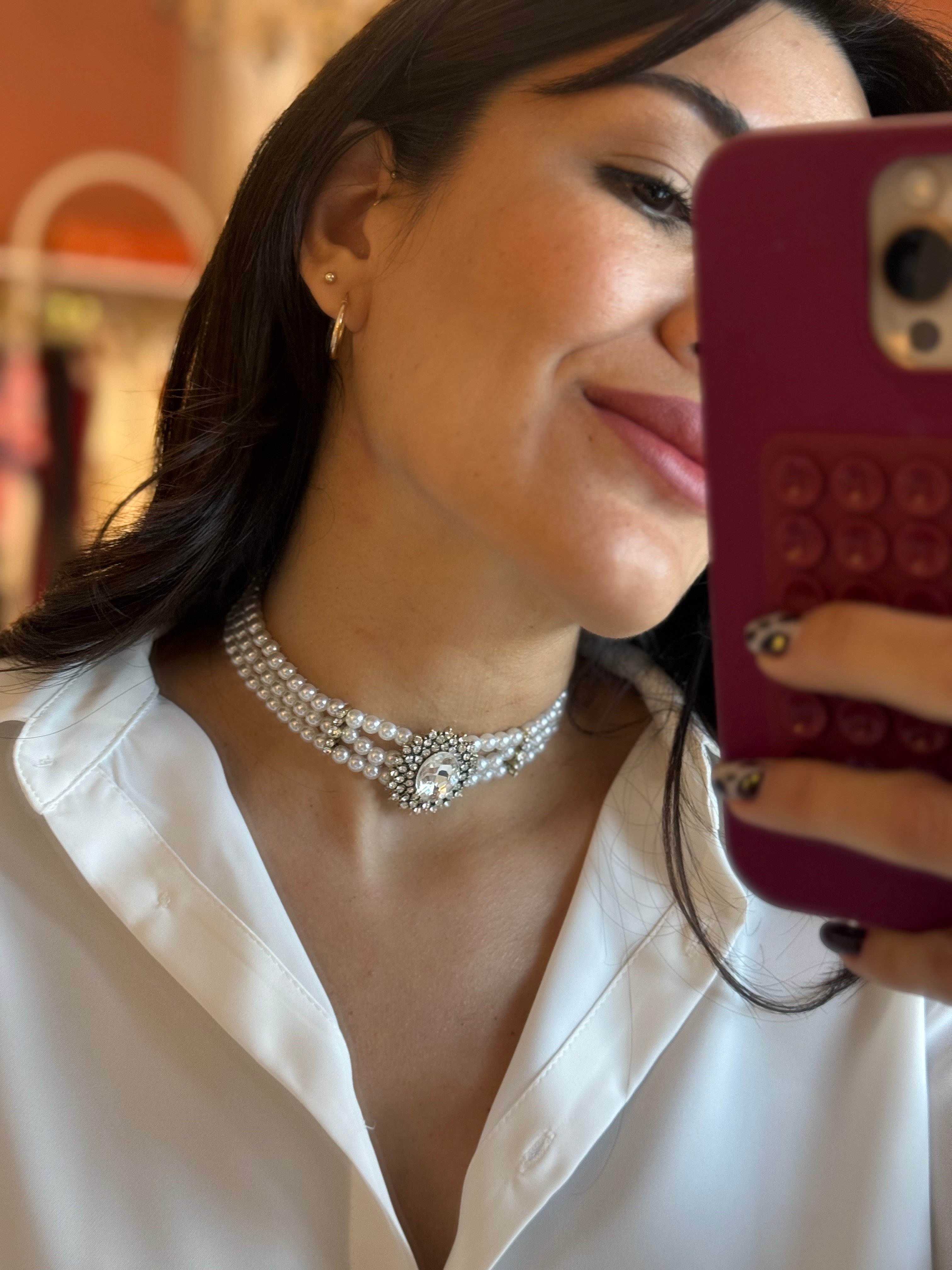 Üç Sıra Taşlı İnci Choker