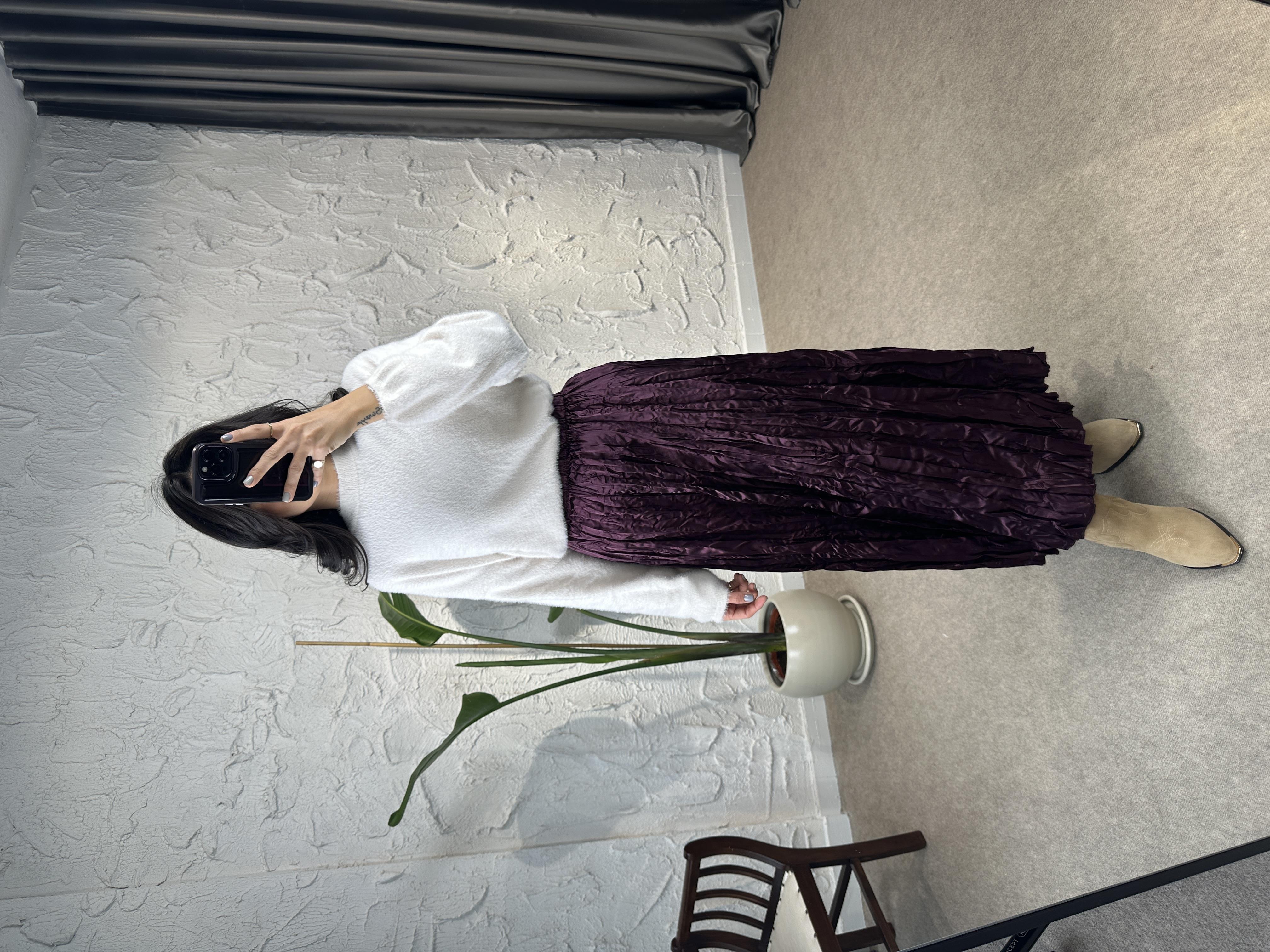 Valais Kırışık Saten Uzun Etek - Mürdüm