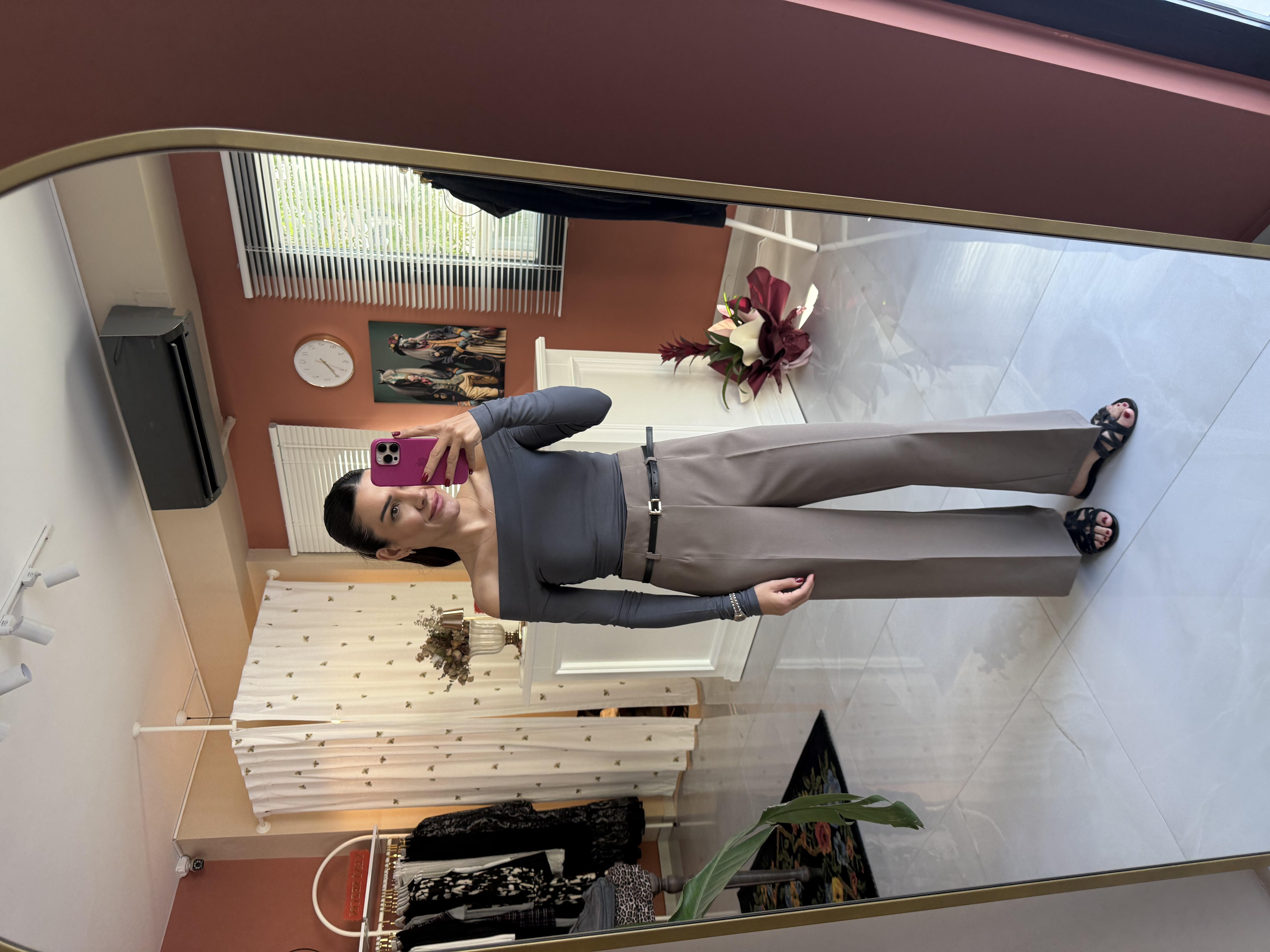 Vera İn ce Kemerli Vizon Pantolon