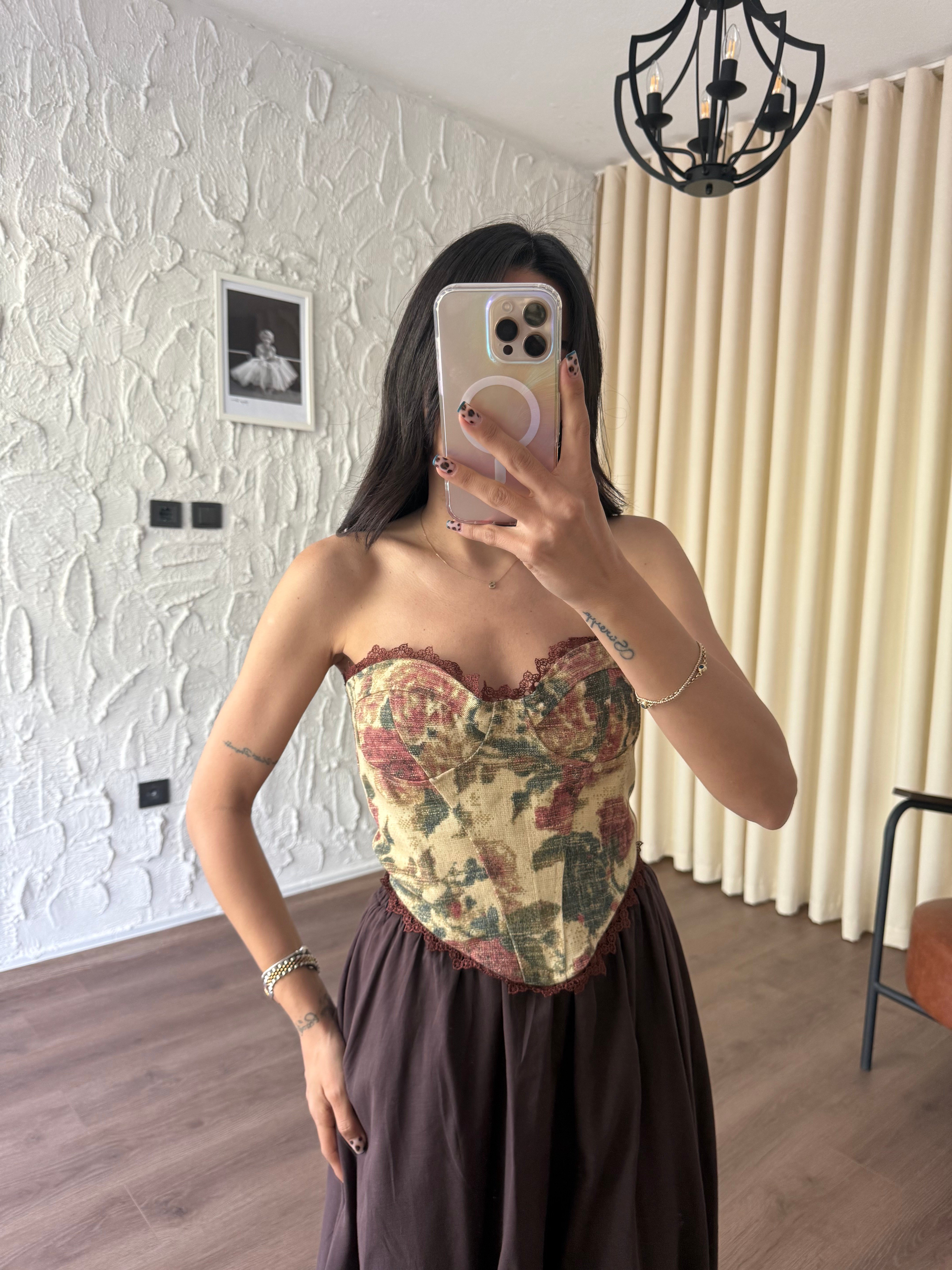 Vintage Çiçek Desenli Korse