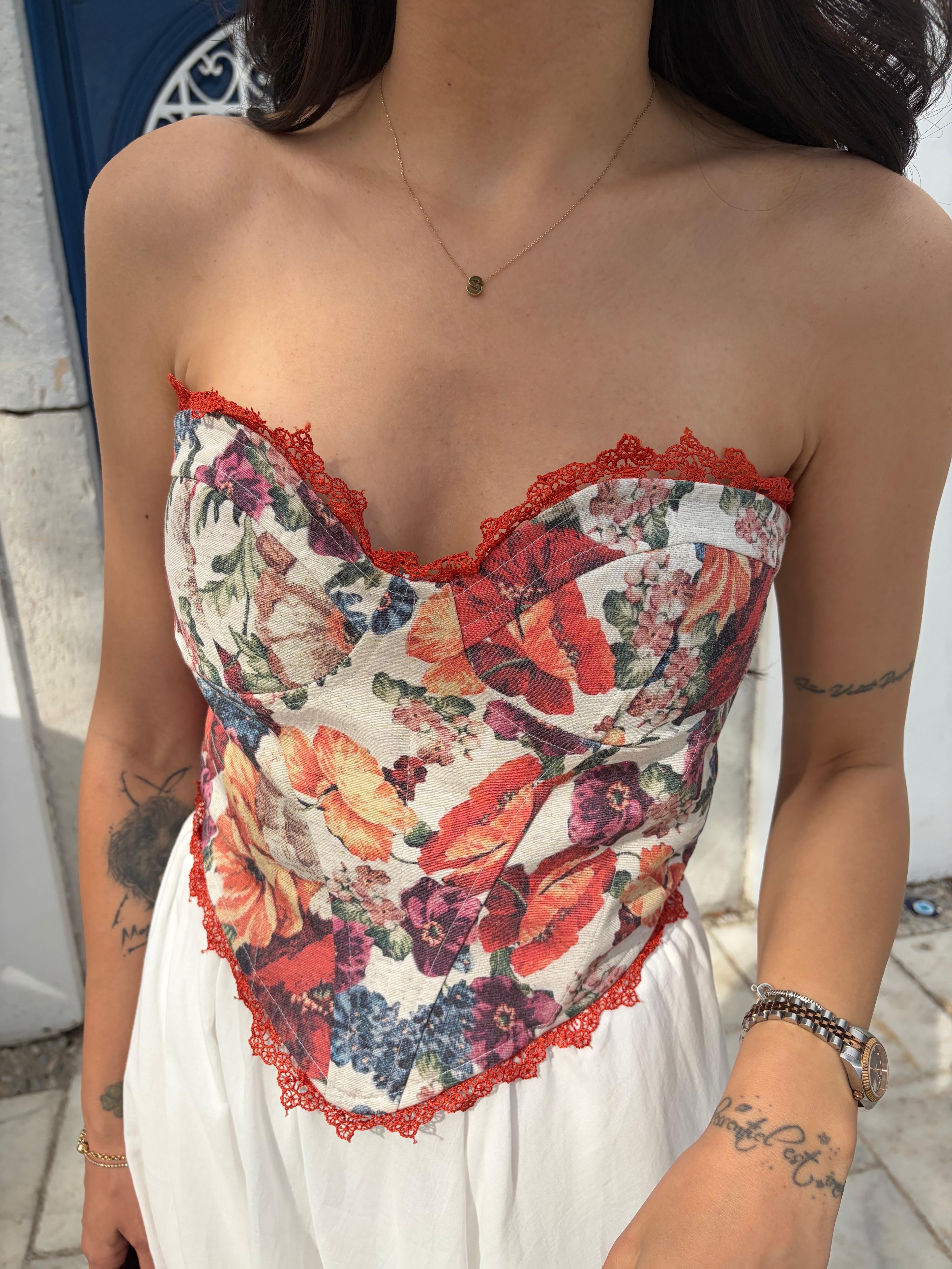 Vintage Çiçek Desenli Turuncu Korse