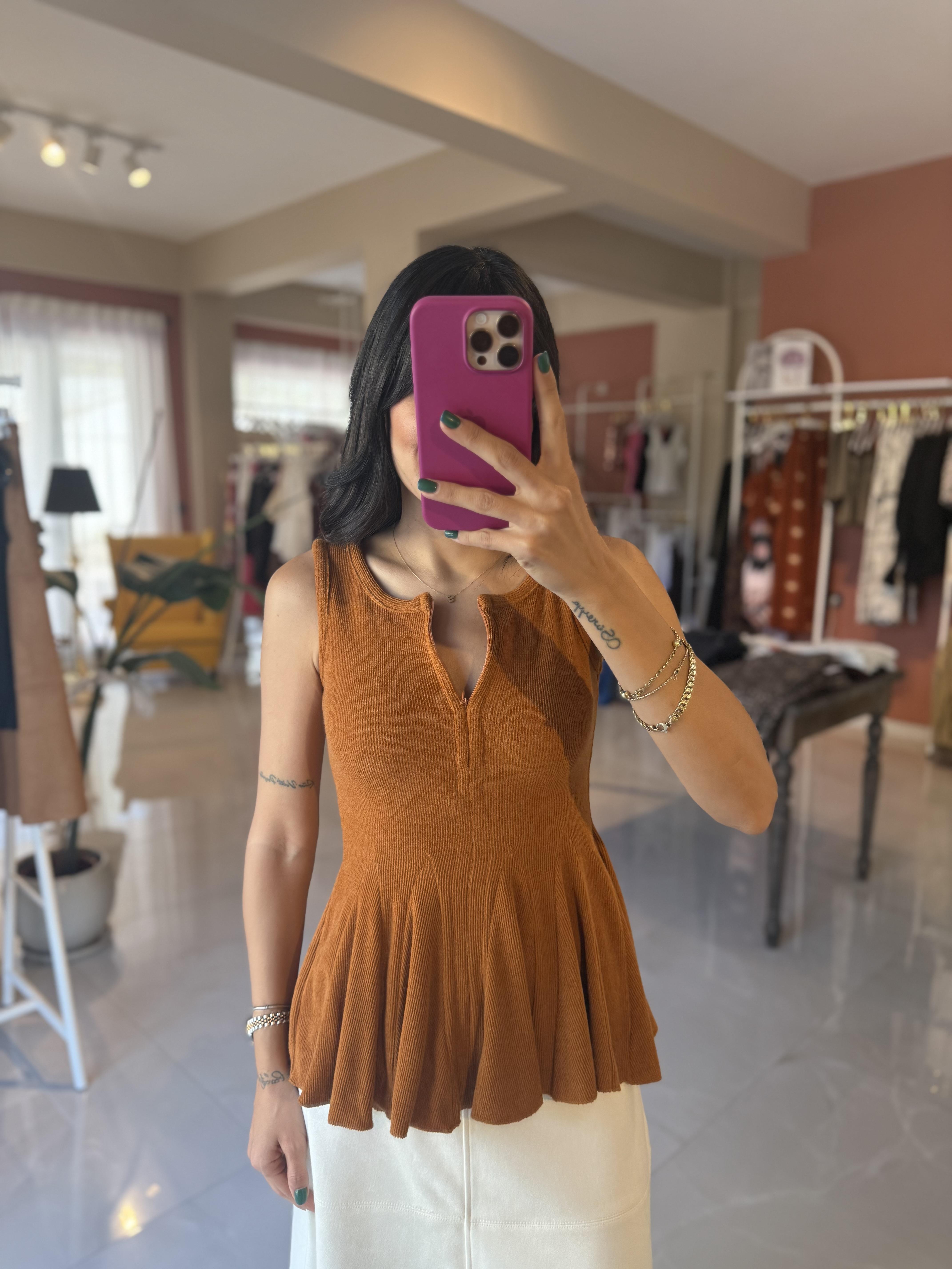 Volanlı Fermuar Detaylı Triko Bluz - Kiremit