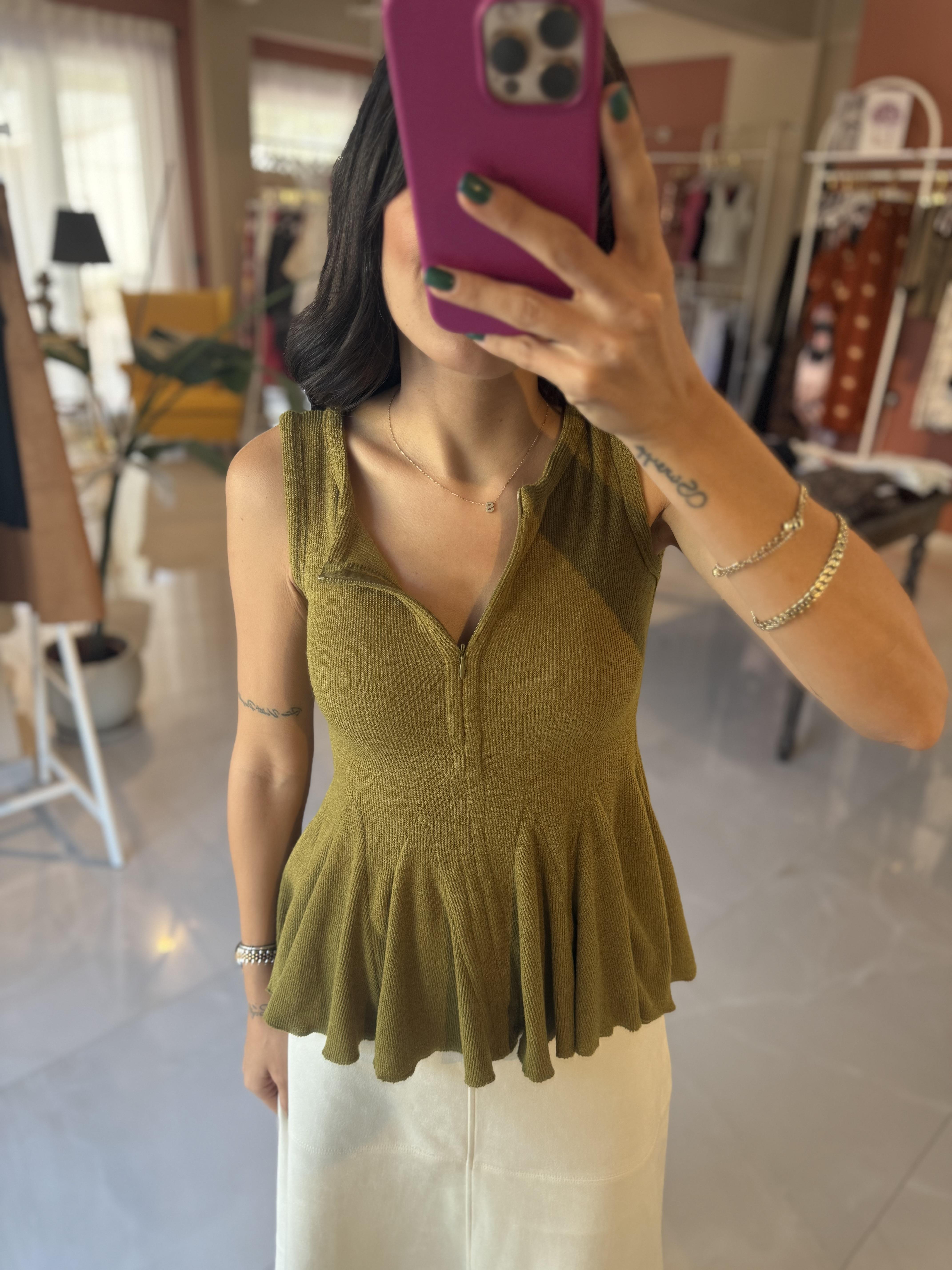 Volanlı Fermuar Detaylı Triko Bluz - Yeşil · 2