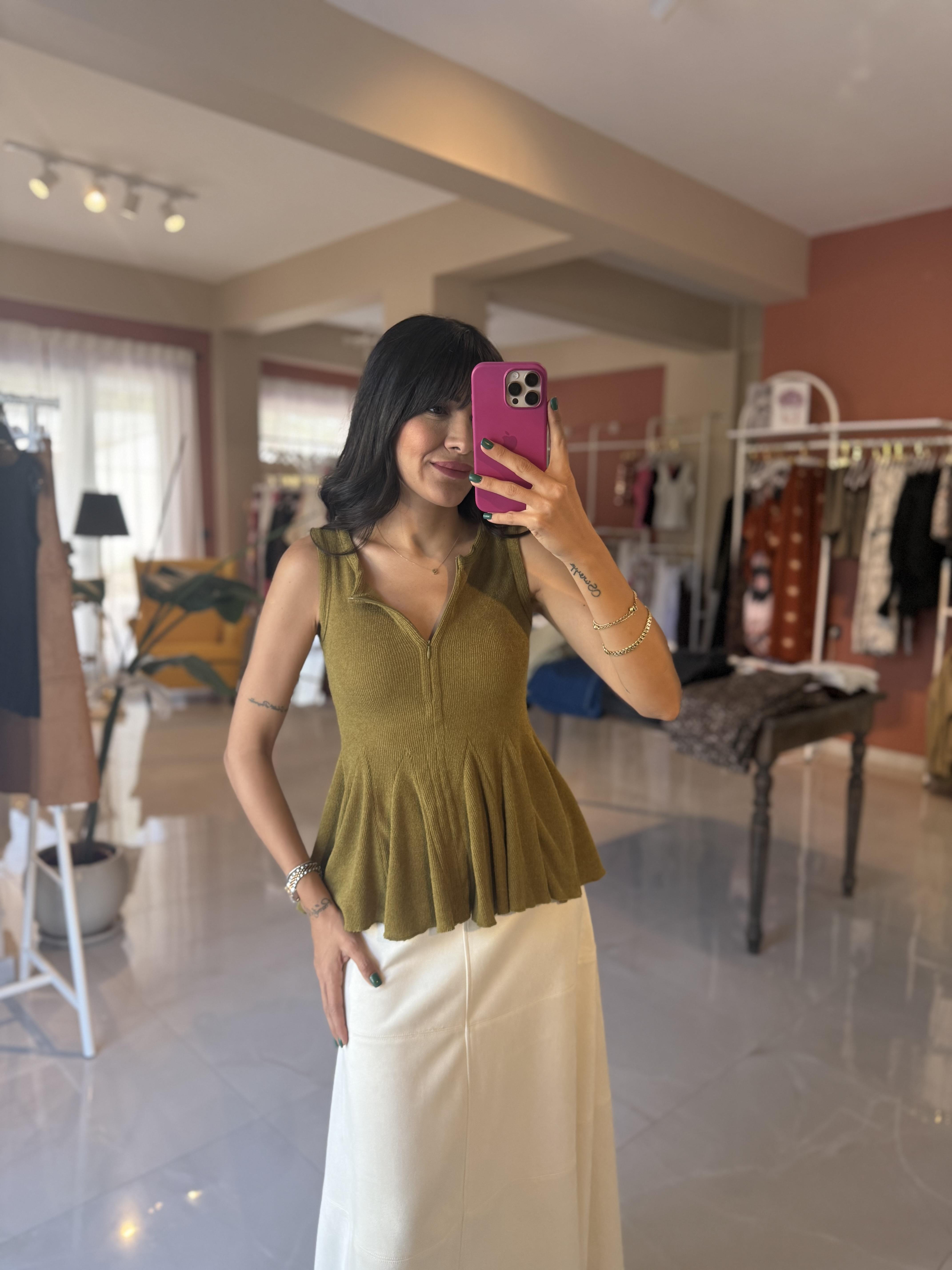 Volanlı Fermuar Detaylı Triko Bluz - Yeşil