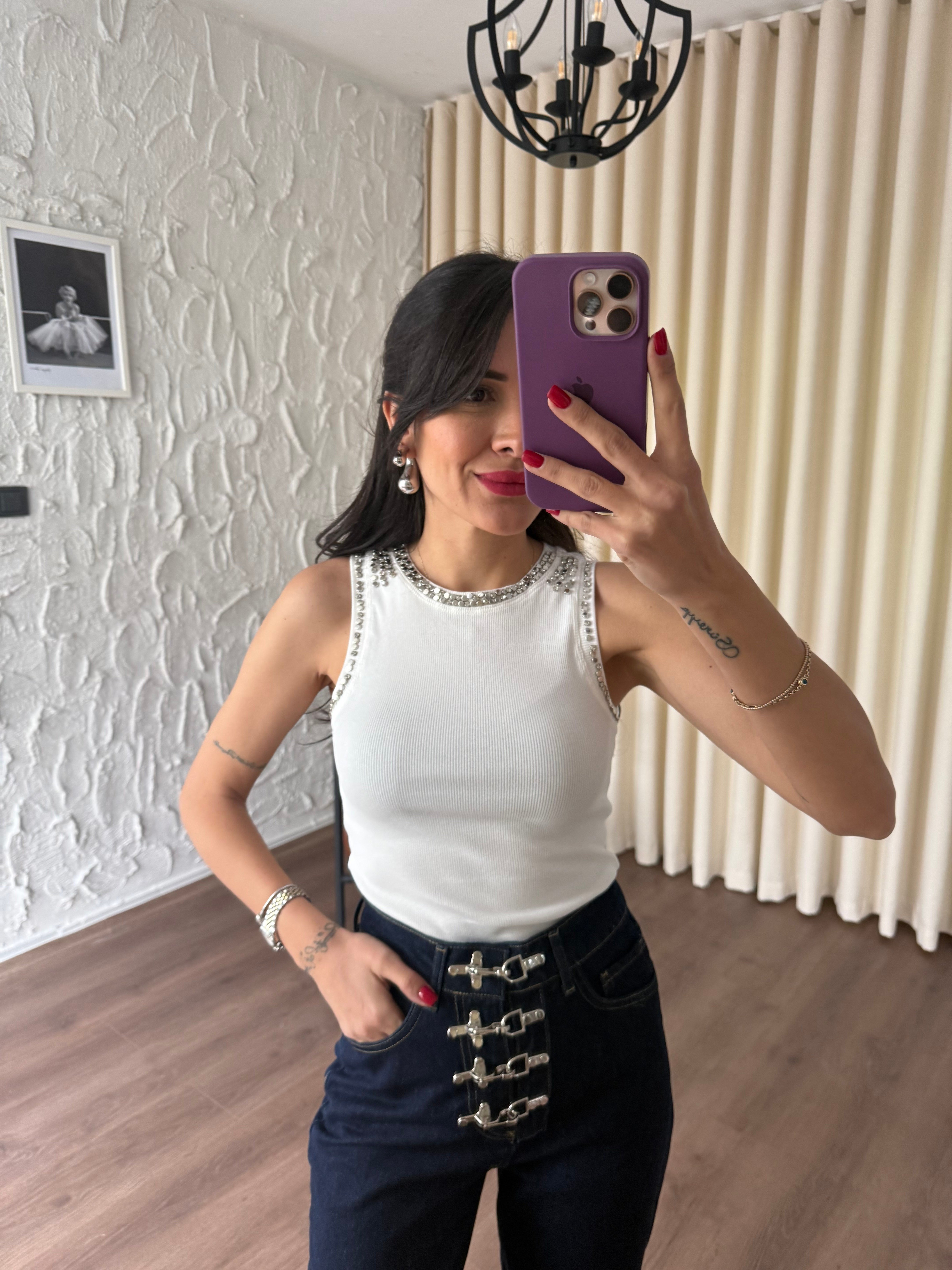 Yaka Ve Kol Taşlı Ekru Bady