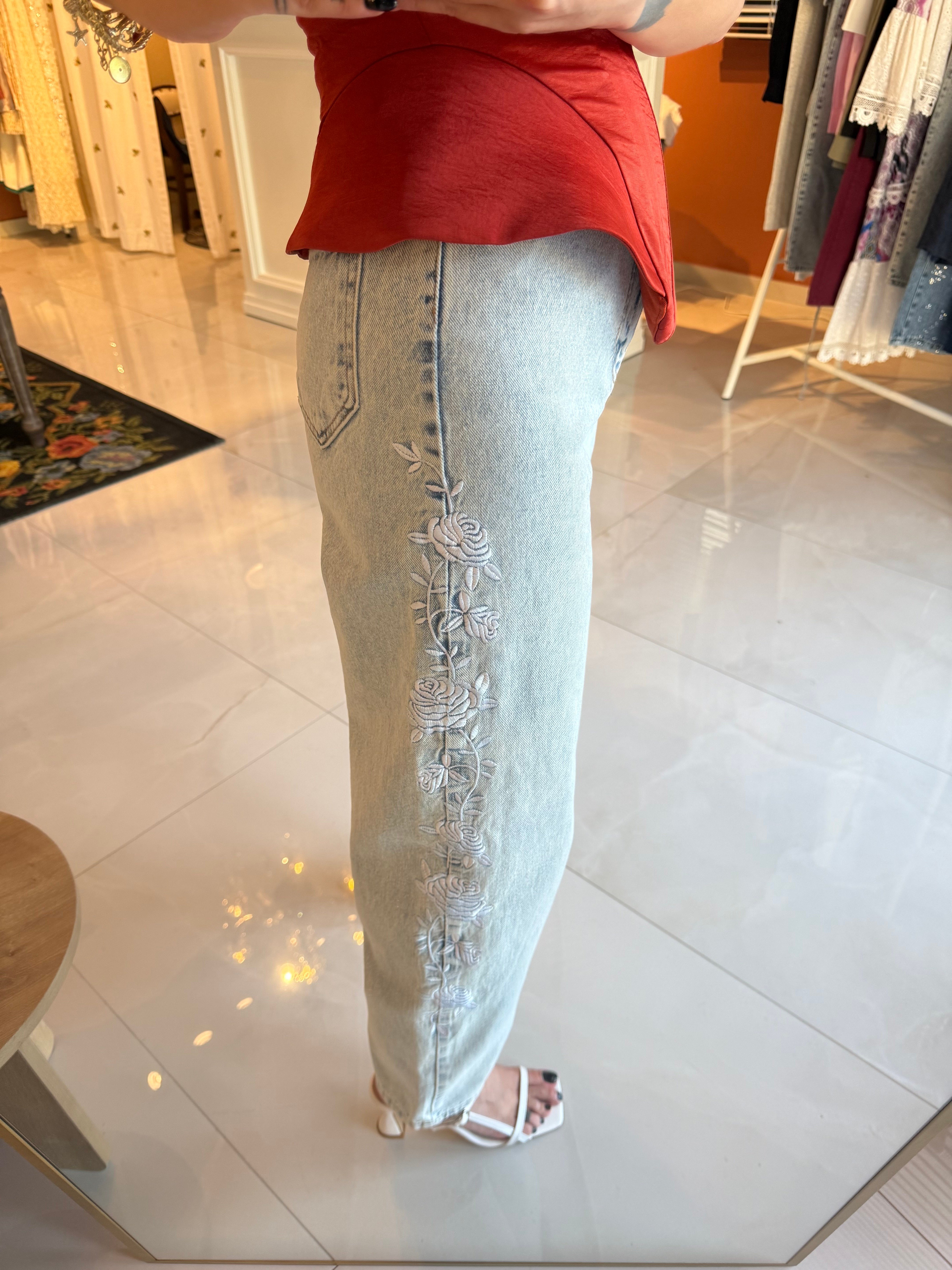 Yan Dikişi Gül Nakışlı Yüksek Bel Balon Jean Kot Pantolon