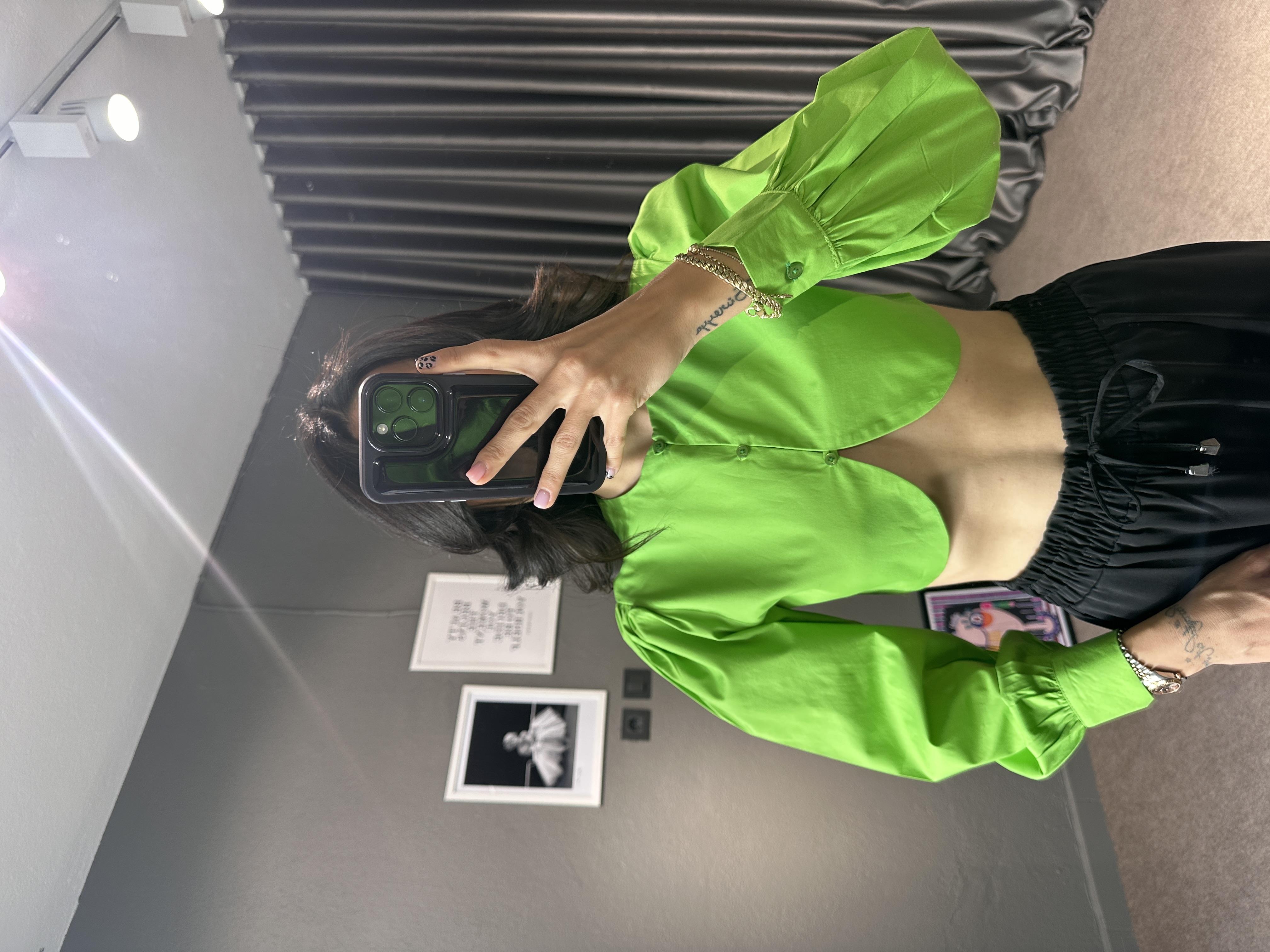 Yeşil Balon Kol Crop Gömlek