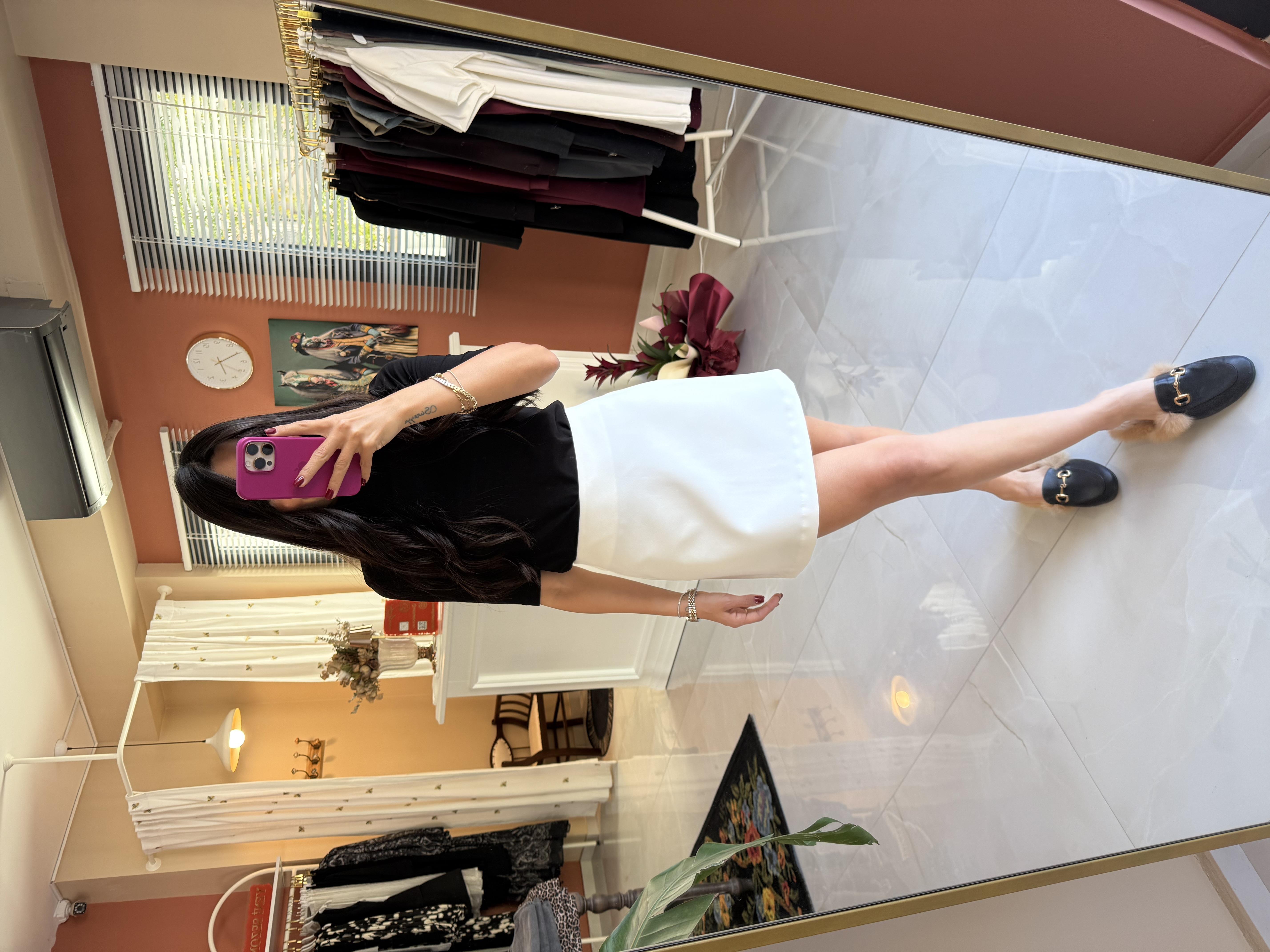 Yüksek Bel Mini Etek - Ekru