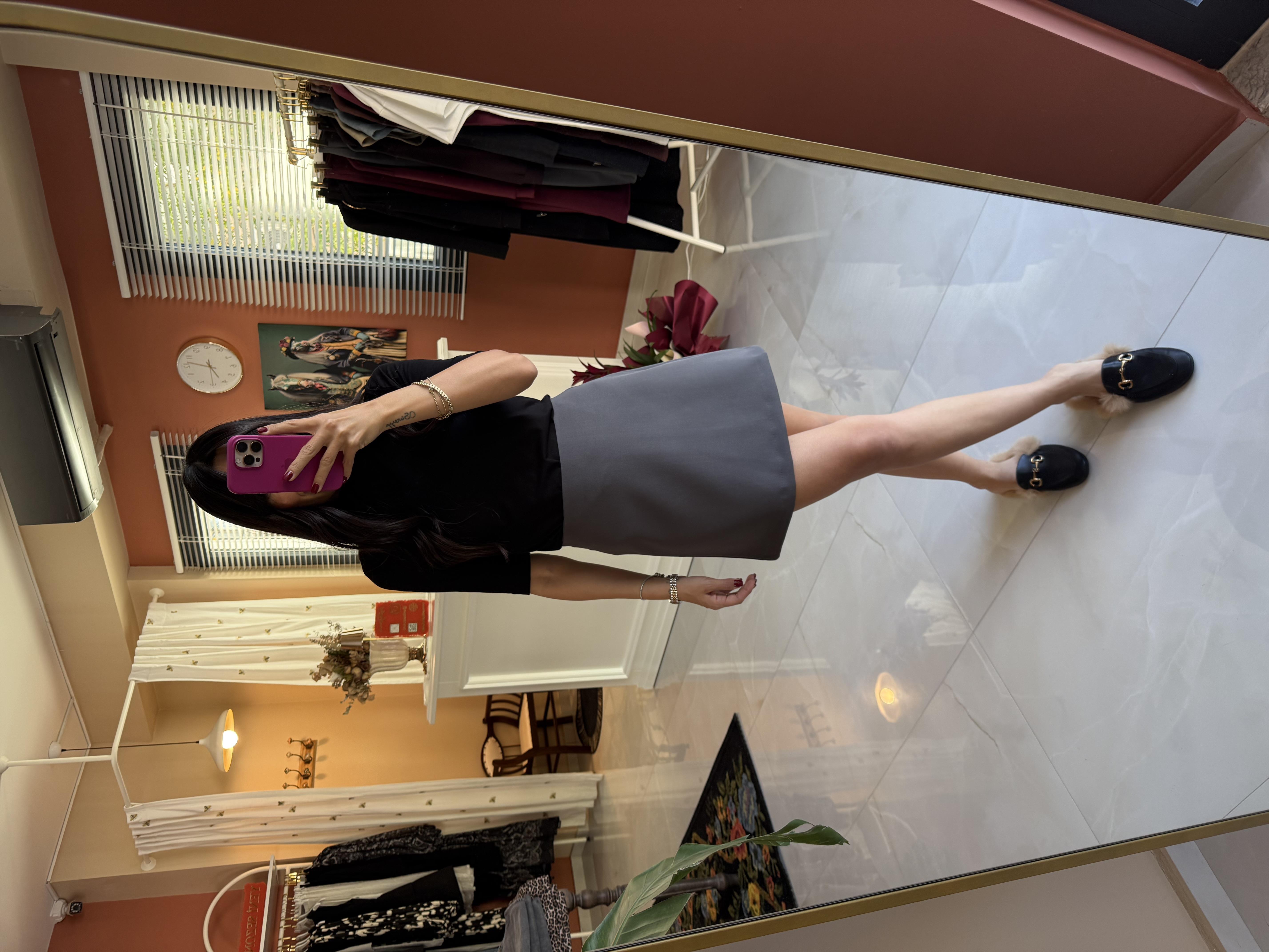 Yüksek Bel Mini Etek - Gri 