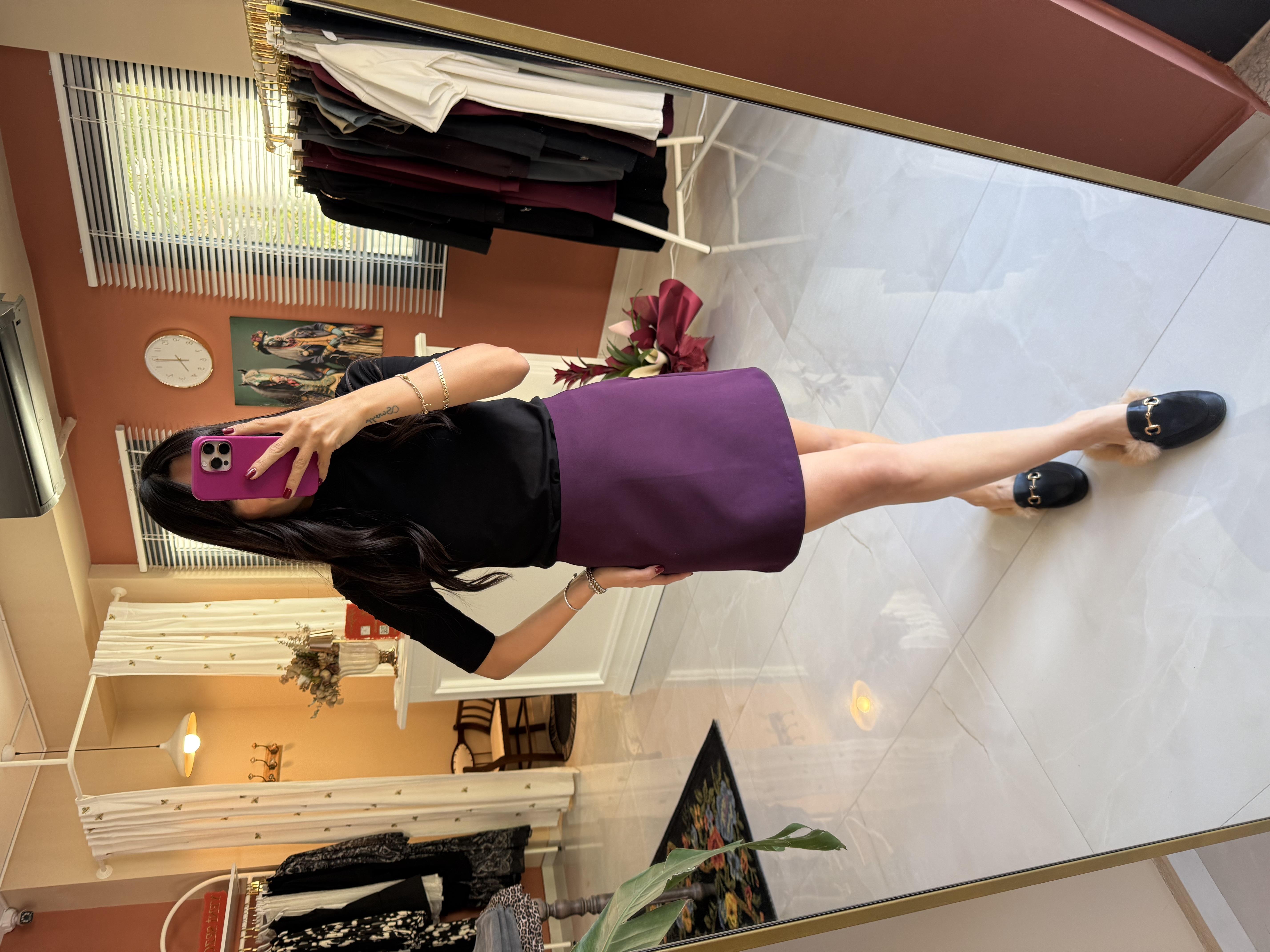 Yüksek Bel Mini Etek - Mor