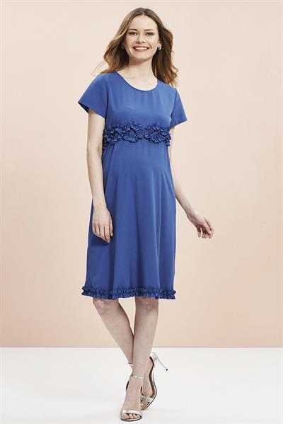 Robası Fırfırlı Kısa Hamile Elbise Saks Mavi