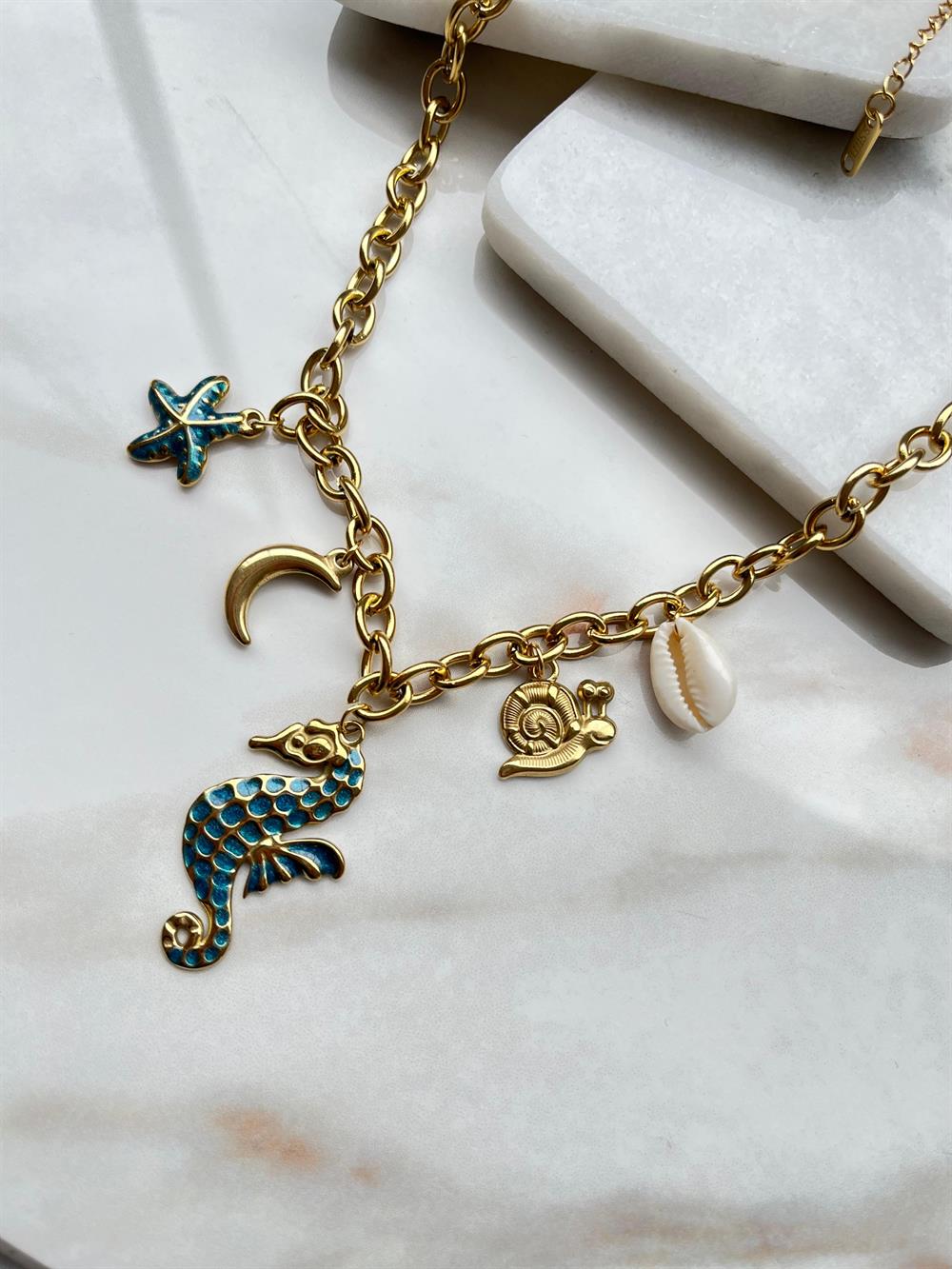 Çelik Çoklu Charm Seri Kolye 