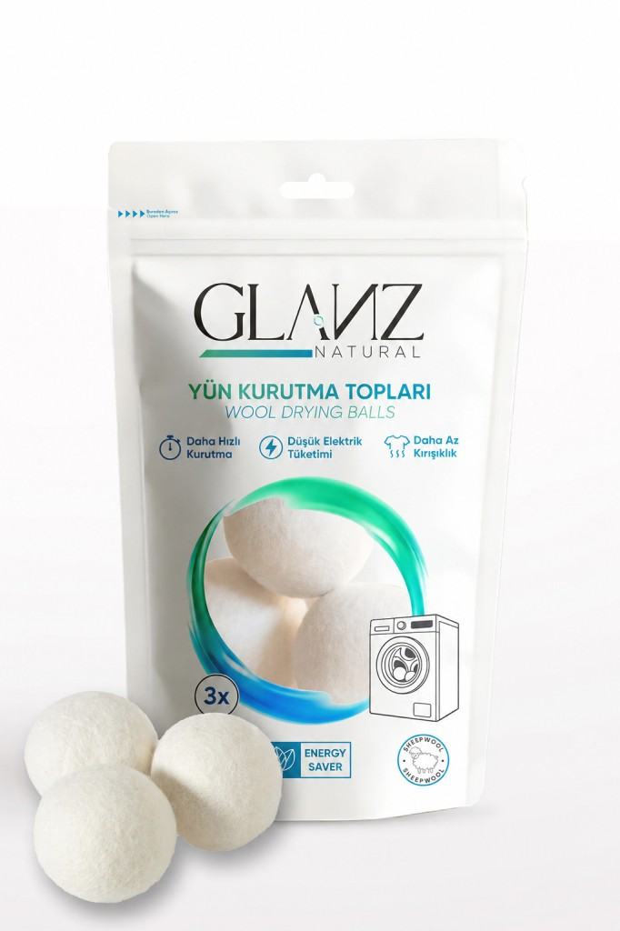Glanz 3 Adet Yün Keçe Çamaşır Kurutma Topu 7 - 8 CM - Doğal Ürün