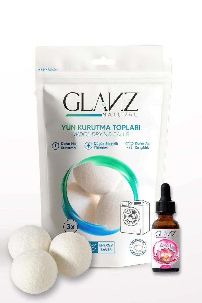 Glanz 3 Adet Yün Keçe Çamaşır Kurutma Topu 7 - 8 CM + 30ml Esans Koku Hediye - Doğal Ürün