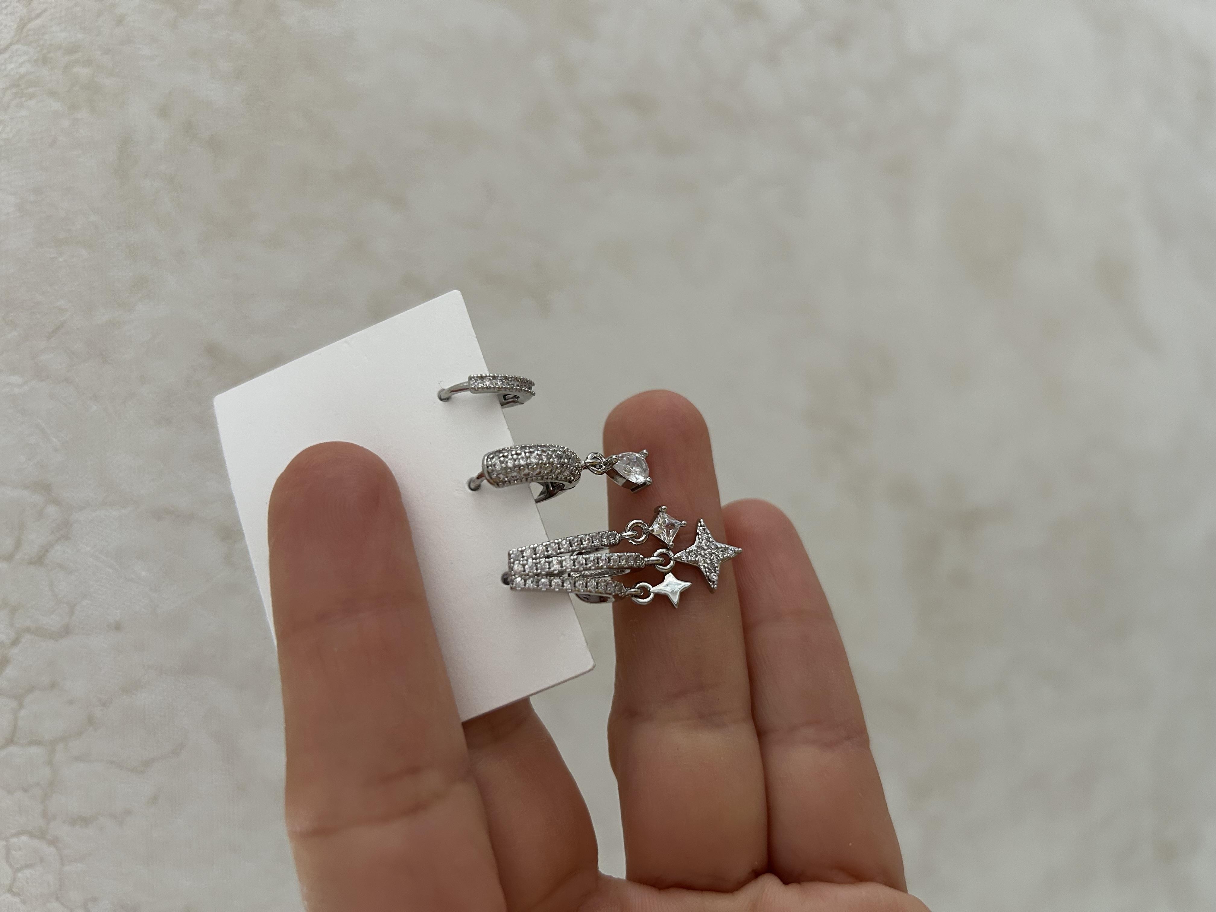 Yıldız taşlı gümüş üçlü küpe 