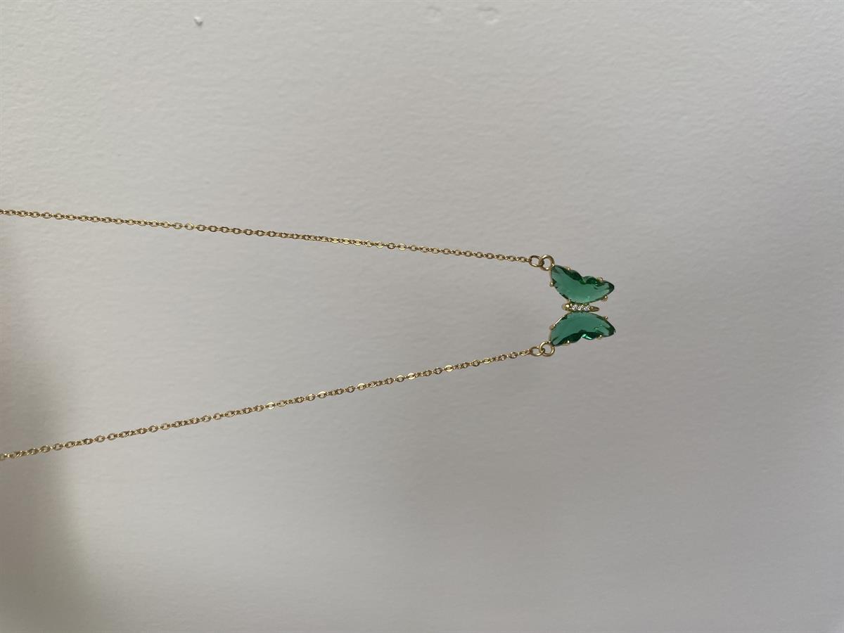 Kelebekli düz yeşil taşlı kolye