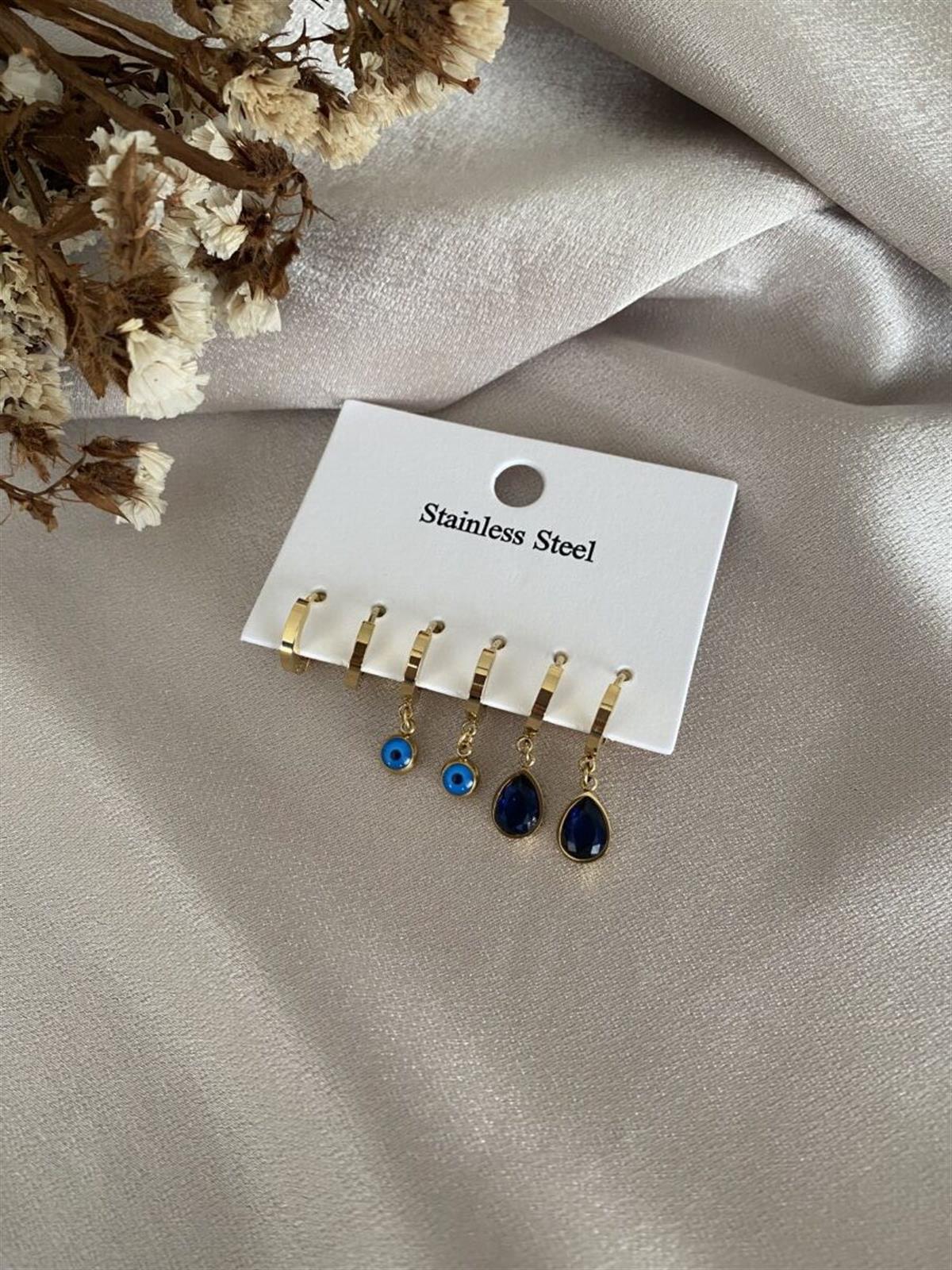 Mavi damla taşlı çoklu küpe