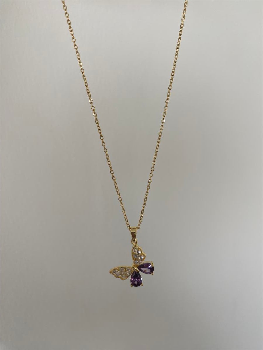 Mor taşlı kelebekli kolye