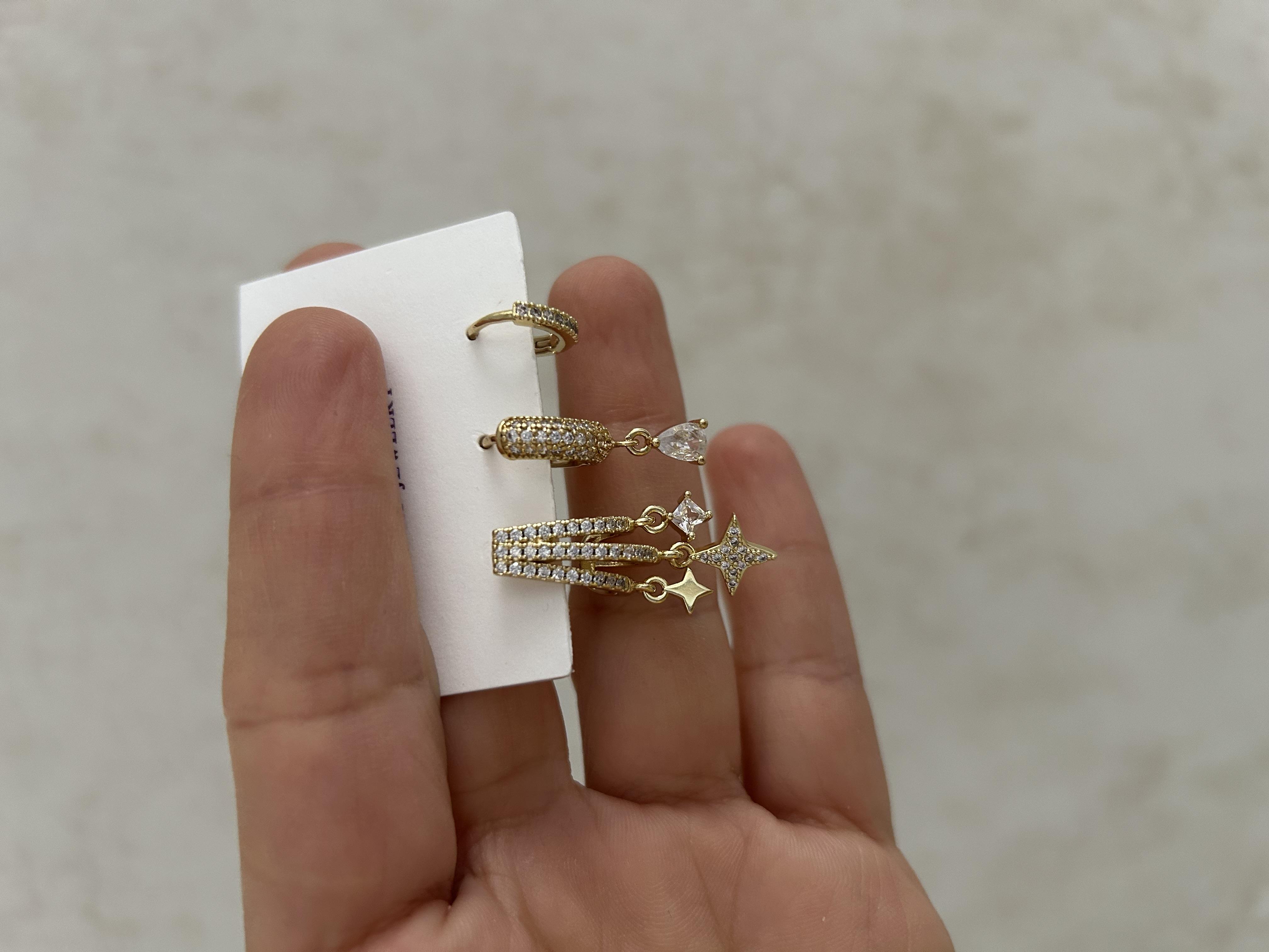 Yıldız taşlı üçlü küpe seti