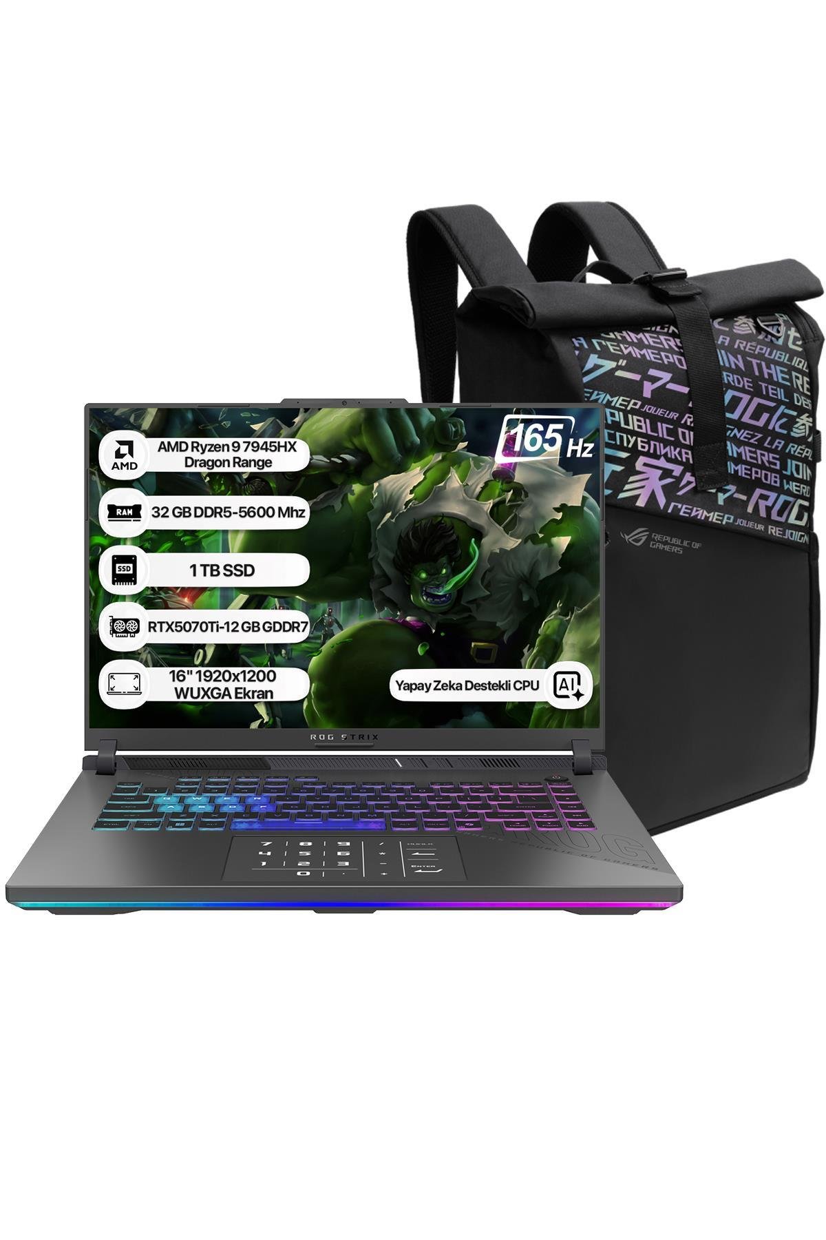 Asus Rog Strix G16 G614PR-RV052 AMD Ryzen 9 8940HX 32GB 1TB SSD RTX5070Ti-12GB Freedos 16'' 165 Hz WUXGA Taşınabilir Bilgisayar