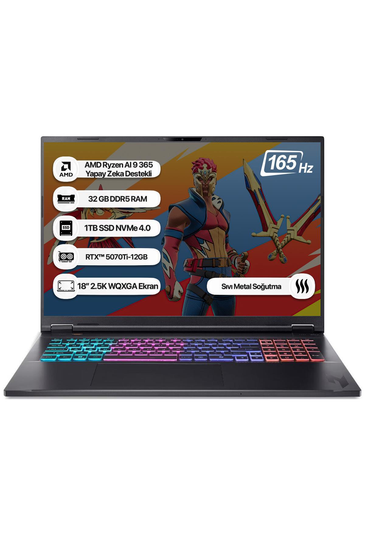Acer Nitro 18 NH.QYFEY.001-32 Ryzen AI 9 365 32GB 1TB SSD RTX5070Ti-12GB 165Hz 18 WQXGA Dos Taşınabilir Bilgisayar