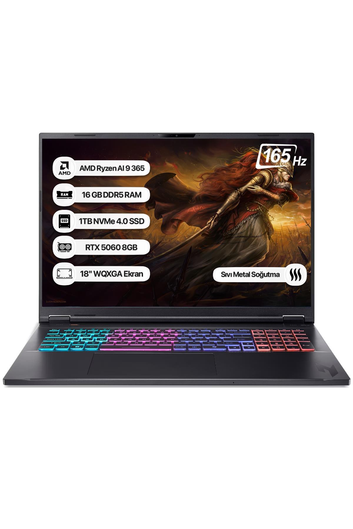 Acer Nitro 18 NH.QYHEY.001 Ryzen AI 9 365 16GB 1TB SSD RTX5060-8GB 165Hz 18 WQXGA Dos Taşınabilir Bilgisayar