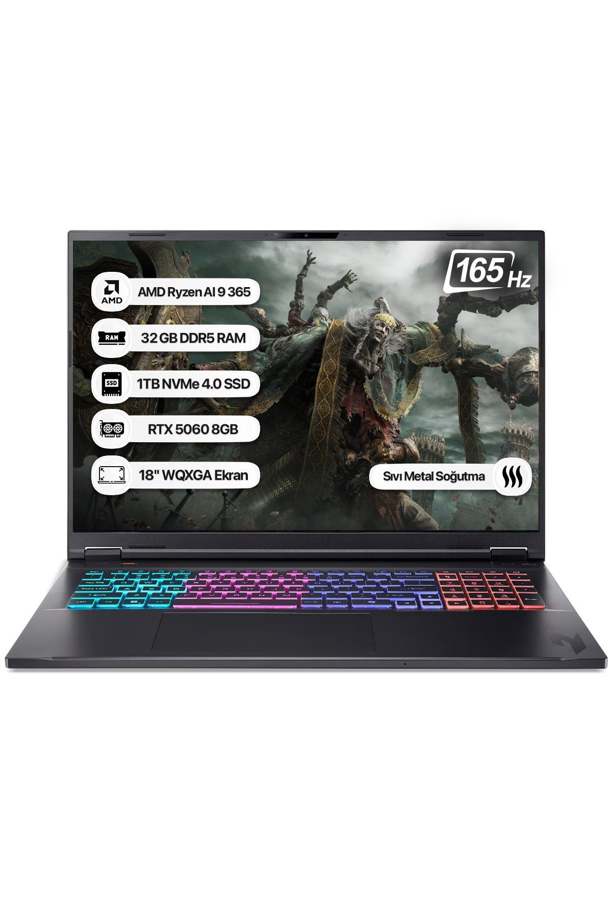 Acer Nitro 18 NH.QYHEY.001-32 Ryzen AI 9 365 32GB 1TB SSD RTX5060-8GB 165Hz 18 WQXGA Dos Taşınabilir Bilgisayar