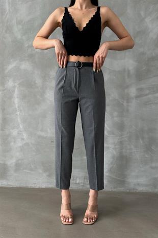 Kemerli Kadın Kumaş Pantolon Füme
