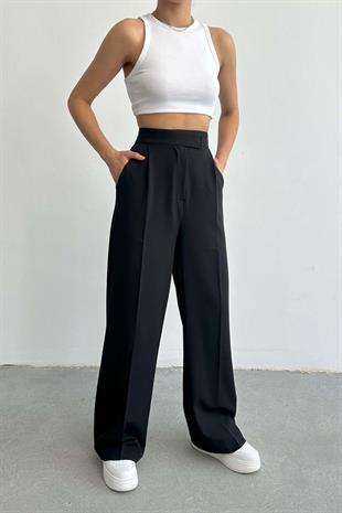 Çıtlı Atlas Kumaş Kadın Pantolon Siyah