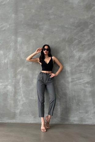 Kemerli Kadın Kumaş Pantolon Füme