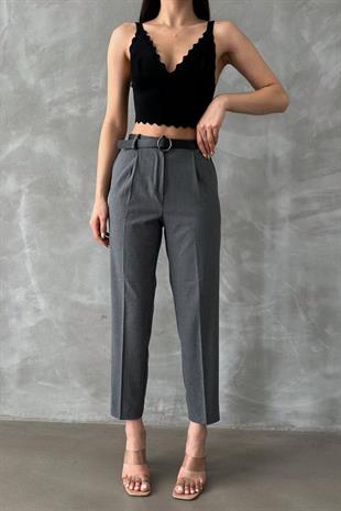 Kemerli Kadın Kumaş Pantolon Füme