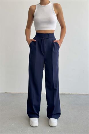 Çıtlı Atlas Kumaş Kadın Pantolon Lacivert