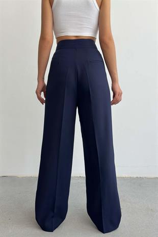 Çıtlı Atlas Kumaş Kadın Pantolon Lacivert