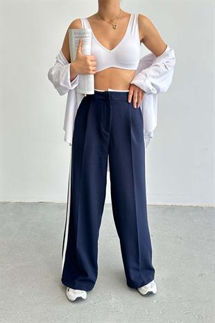 Şeritli Bel Detaylı Palazzo Pantolon Lacivert
