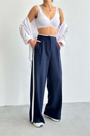 Şeritli Bel Detaylı Palazzo Pantolon Lacivert