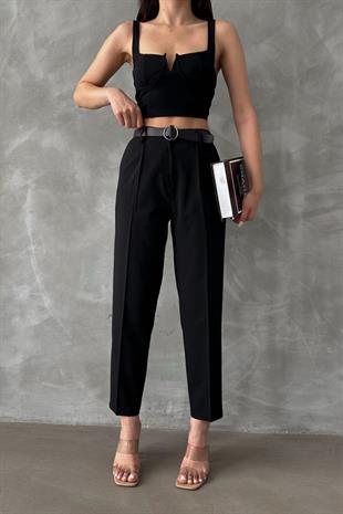 Kemerli Kadın Kumaş Pantolon Siyah