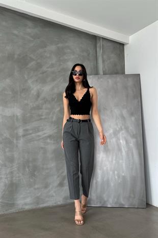 Kemerli Kadın Kumaş Pantolon Füme