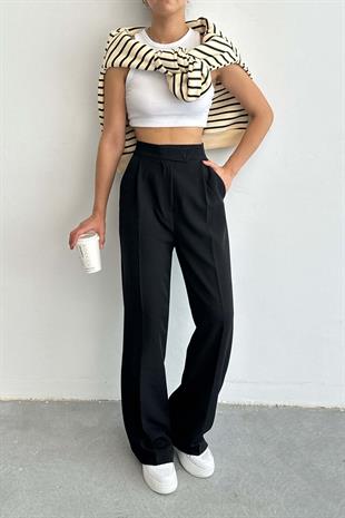 Çıtlı Atlas Kumaş Kadın Pantolon Siyah