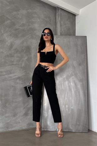 Kemerli Kadın Kumaş Pantolon Siyah