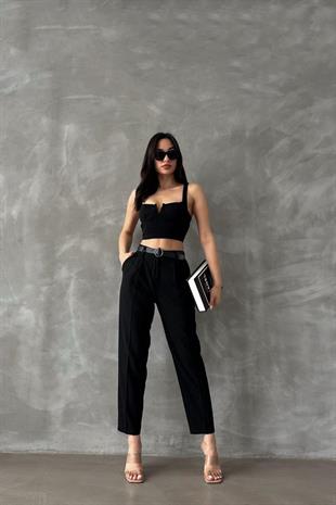 Kemerli Kadın Kumaş Pantolon Siyah