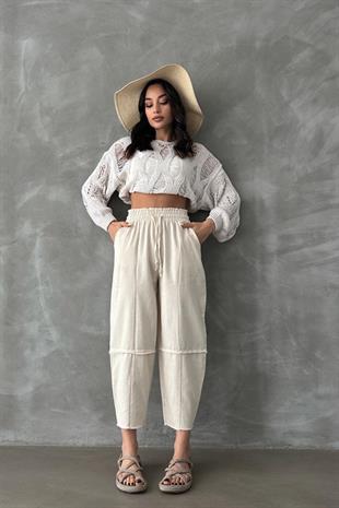 Ham Keten Şalvar Pantolon Taş