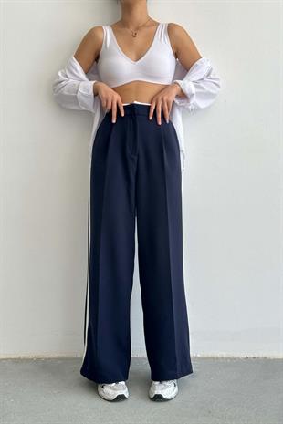 Şeritli Bel Detaylı Palazzo Pantolon Lacivert