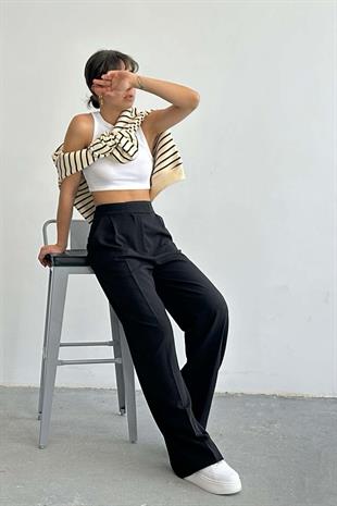 Çıtlı Atlas Kumaş Kadın Pantolon Siyah