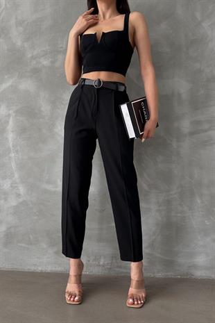 Kemerli Kadın Kumaş Pantolon Siyah